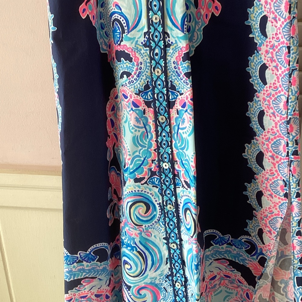 Lilly Pulitzer Navy Halter Maxi Dress with Pink & Aqua Paisley - Picture 3 of 6
